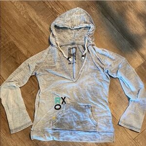 Women’s Gray Hooded Roxy Sweatshirt with Front Pocket And V Neck